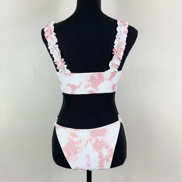 Aerie Two Piece Printed Ruffle Bandeau Bikini Top and Cheekiest Bottom Swimsuit - Picture 7 of 12